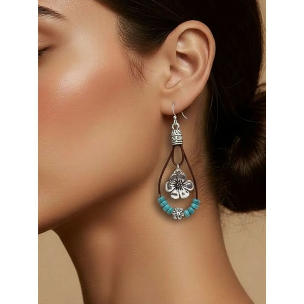 Turquoise Flower Leather Hoop Earrings Western Boho Teardrop Dangle Earthy Chic